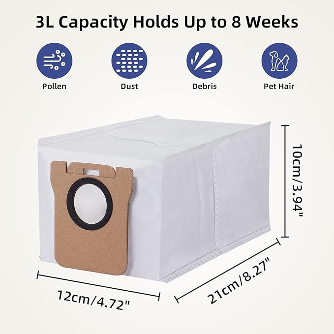 8 Pack Dust Bag for Dreametech L10s Ultra / L10s Plus / L10 Ultra / L20 Ultra Robot Vacuum Self-Emptying Base, 3L Large Capacity Auto-Seal Replacement Bag Accessories Set