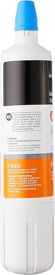 INSINKERATOR F-1000 Under Sink Water Filter Replacement Cartridge for INSINKERATOR Water Filtration System, Chlorine Filter, White