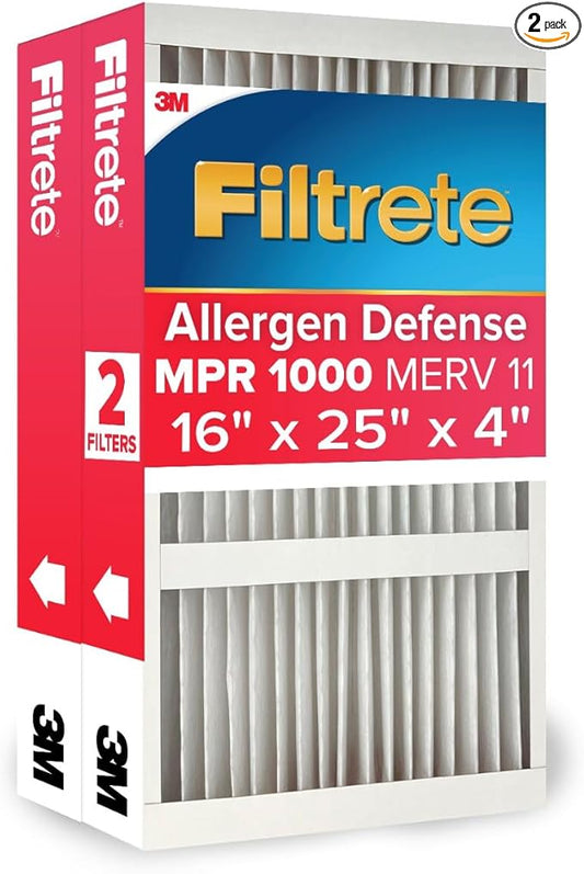 Filtrete 16x25x4 Air Filter MERV 11, MPR 1000 Micro Allergen Defense 2-Pack, Fits Lennox & Honeywell, AC Furnace HVAC Filters for Home, Pleated Electrostatic (Actual Size 15.88x24.56x4.31 in)