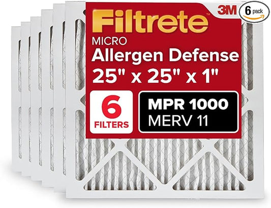 Filtrete 25x25x1 AC Furnace Air Filter, MERV 11, MPR 1000, Micro Allergen Defense, 3-Month Pleated 1-Inch Electrostatic Air Cleaning Filter, 6 Pack (Actual Size 24.81x24.81x0.81 in)
