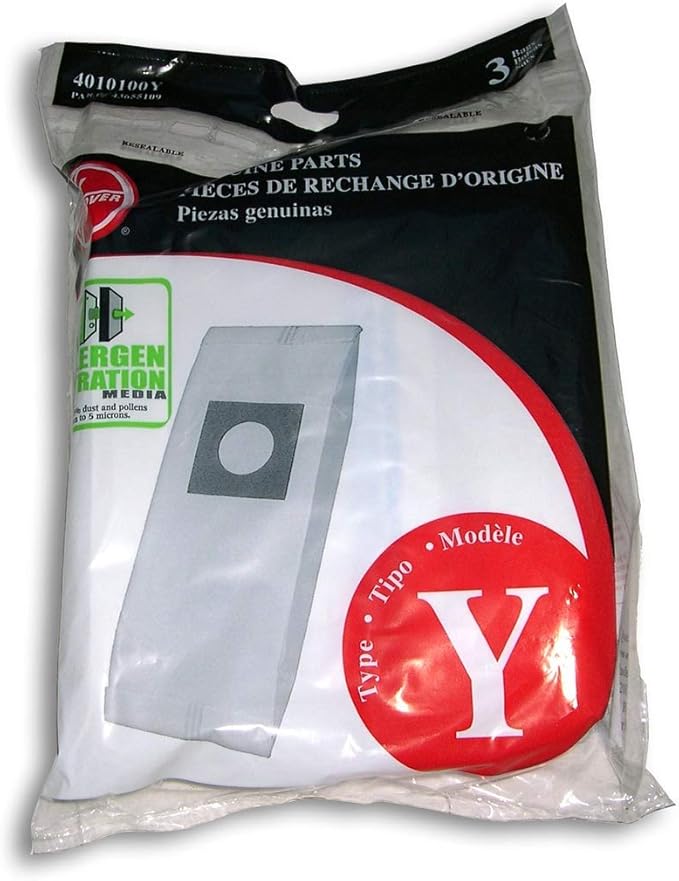 Hoover Vacuum Cleaner Bags for Upright Vacs, Pack of 3, Multicolor, Type Y Allergen Filtration, Part # 4010100Y, Hoover Vacuum Bags Refill