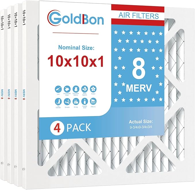 10x10x1 Air Filter 4 Pack MERV 8 MPR 700 FPR 5- GoldBon AC Filter USA Design- Electrostatic Pleated Air Conditioner HVAC AC Furnace Filters for Pollen, Smoke,Pet Dander