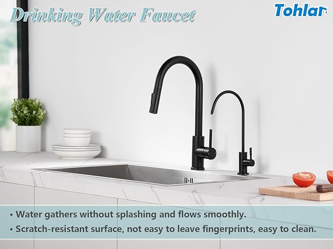 Tohlar Drinking Water Faucet for Kitchen Sink, Black Filtered Water Faucets Lead-Free Reverse Osmosis Faucet Water Filtration System 304 Stainless Steel, Matte Black Finish