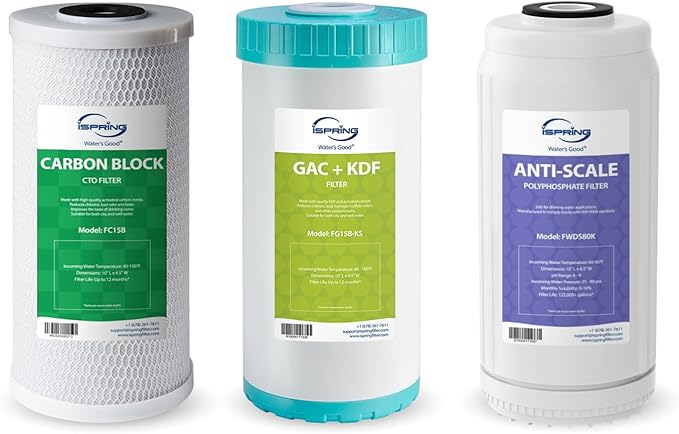 iSpring F3WGB31BKDS Ultimate Protection Whole House Water Filter Replacement Pack, Reduces Heavy Metals, Scale, Chlorine, Hydrogen Sulfide, Up to 12 Months, 4.5” x 10”, Fits WGB31B-KDS