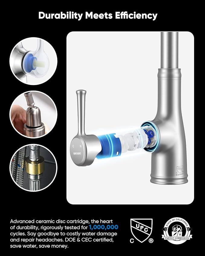 WEWE Vintage Kitchen Faucet with Pull Down Sprayer, Stainless Steel 1 or 3 Hole High Arc Single Handle Antique Sink Faucet for Classic Modern Ktichen, Brushed Nickel Bar & Prep Sinks