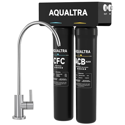 AQUALTRA USF-2F-15 Slightly Alkaline Under Sink Water Filtration System, 28K Gallons with Faucet, 0.5 μm Carbon Fiber Filter Reduces Chlorine, Chloramine, Fluoride, Bad Taste & Odor