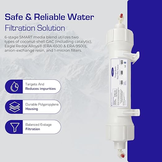 Crystal Quest Voyager Jumbo Inline Water Filter – 6-Stage Filtration, 5,000 Gallon Capacity, Fits 1/4" Tubing for Refrigerators, Ice Makers, Water Dispensers, Soda Makers & More