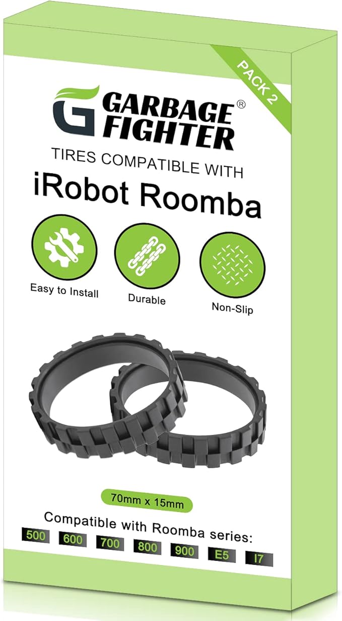 Garbage fighter Tires for Series 500, 600, 700, 800 and 900, e5, e6, i7,Anti-Slip, Great Adhesion and Easy Assembly, Wheel Replacement for All roomba Models (Black 2 Pack)