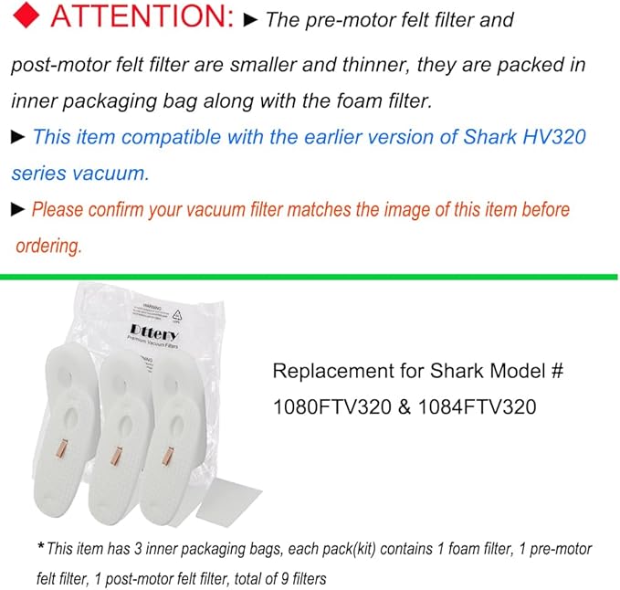 Dttery 3 Pack Filters Kit for Shark Earlier Version of Rocket DeluxePro TruePet HV319Q HV320 HV321 HV322 HV324Q HV325 UV330 UV422, Replacement Part 1080FTV320 1084FTV320