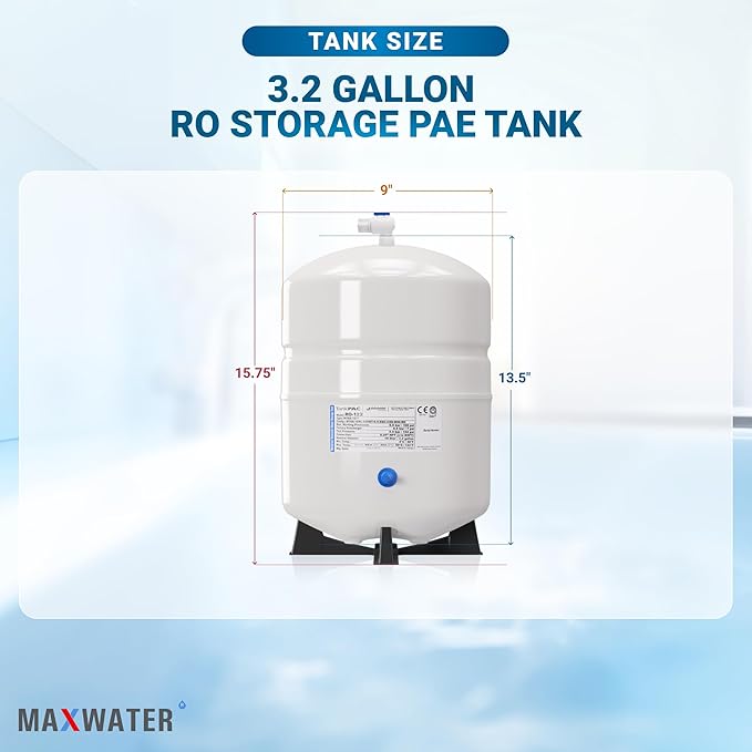 Max Water NSF Certified Heavy Duty 4.4 Gallon @100 PSI RO (Reverse Osmosis) Water Storage Tank, PA-E RO-132 + Valve