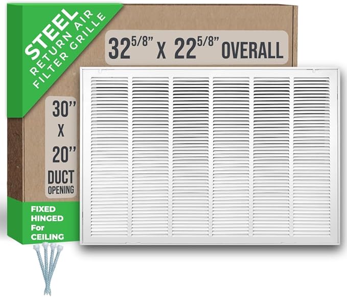 Fits 30x20 Duct Opening | Steel Return Air Filter Grille by Handua [Fixed Hinged] for 1-inch Filters | Vent Cover Grill for Sidewall and Ceiling | White | Outer Dimensions: 32 5/8"W X 22 5/8"H
