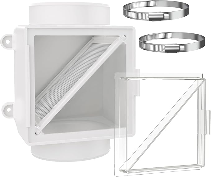 Dryer Lint Trap, Indoor Dryer Vent with Lint Catcher Filter,Secondary Dryer Duct Lint Trap with 2 4" Plastic Clamps, Accommodates 4" Transition Ducts, A Good Match for Dryer Booster Fan
