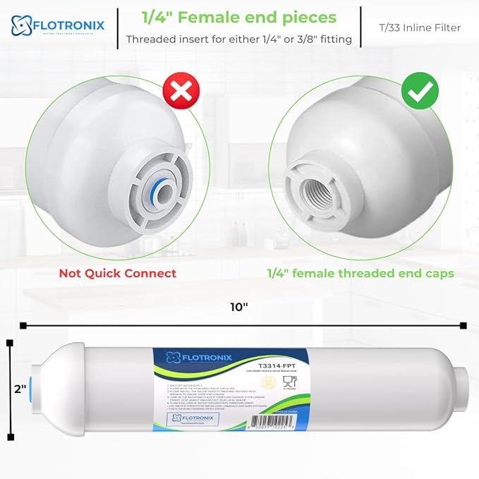 Flotronix 10" x 2" Inline Carbon Water Filter – 1/4" Female Threaded In/Out – Post RO Filter for Ice Maker, Refrigerator, Under-Sink – Removes Chlorine, Taste & Odor – 2 Pack