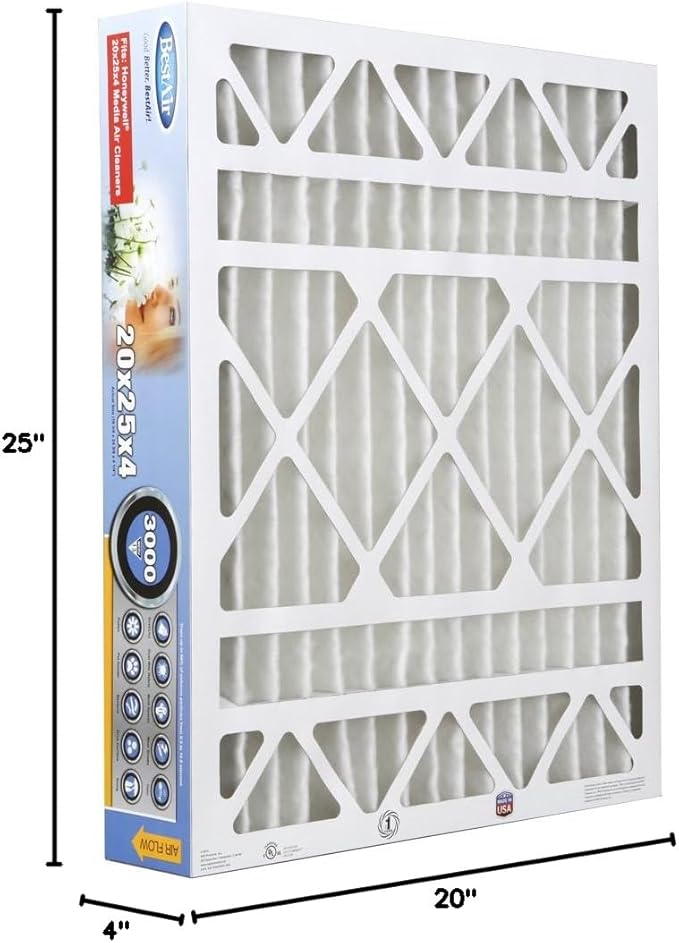 BestAir HW2025-13R AC Furnace Air Filter, 20" x 25" x 4", MERV 13, Removes Allergens & Contaminants, Fits 100%, For Honeywell Models, Pack of 3