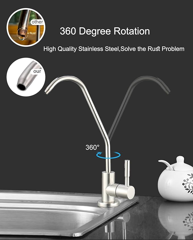 Drinking Water Faucet for Kitchen,100% Lead-Free Reverse Osmosis Faucets,Brushed Nickel SUS304 Stainless Steel Kitchen Filtered Water Faucets,RO Faucet with Longer Thread Pipe