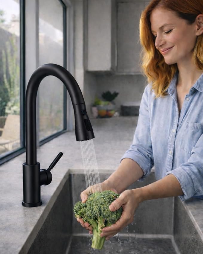 WEWE Kitchen Faucets with Pull Down Sprayer, Stainless Steel Single Handle 1 Hole for Family Kitchen Commercial Camper Laundry Rv Bar, Matte Black