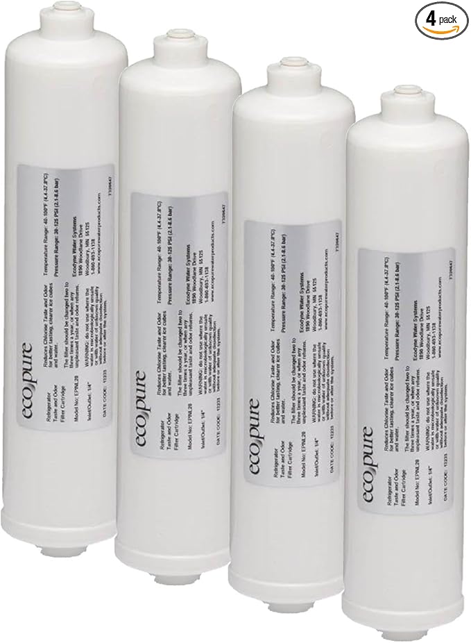 EcoPure EPINL40 Deluxe In-Line Refrigerator Water and Icemaker Filter - Universal, Fits All Major Brand Refrigerators - High Capacity - Built to Last, White (Pack of 4)