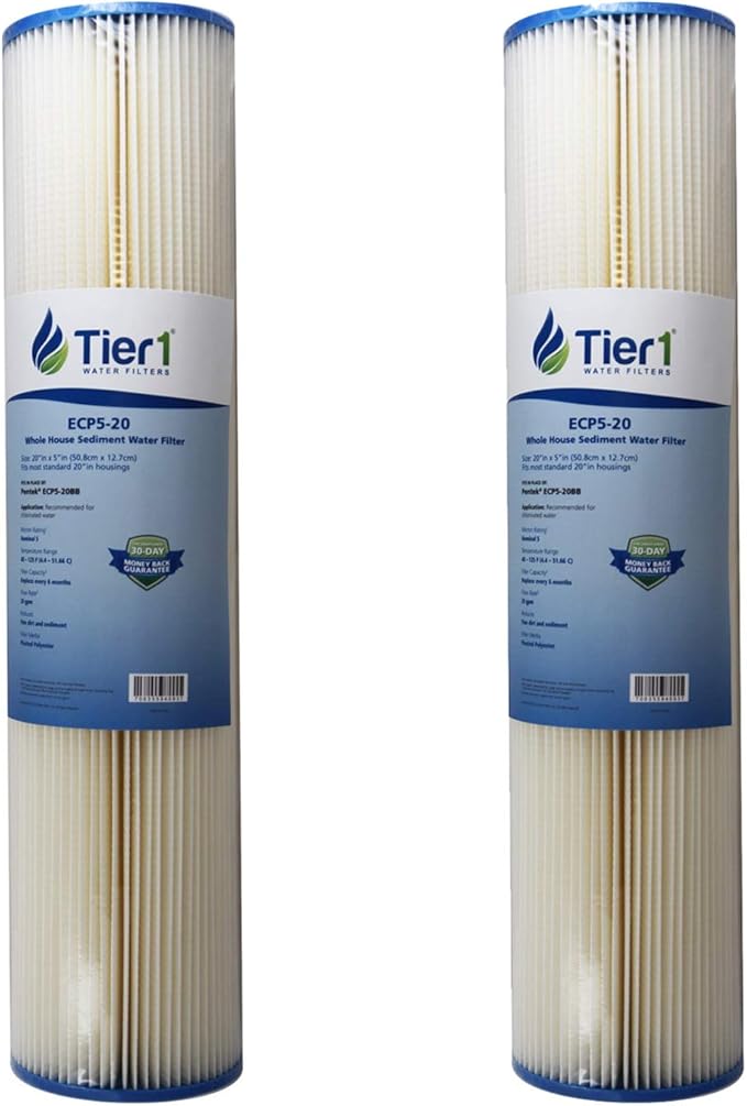 Tier1 5 Micron 20x4.5 Water Filter | Pleated Polyester Whole House Sediment Cartridge | Replacement for Pentek ECP5-20BB, 255494-43, 4PAY5 | Fine Sediment Control | 4.5 x 20 Water Filter (2-Pack)