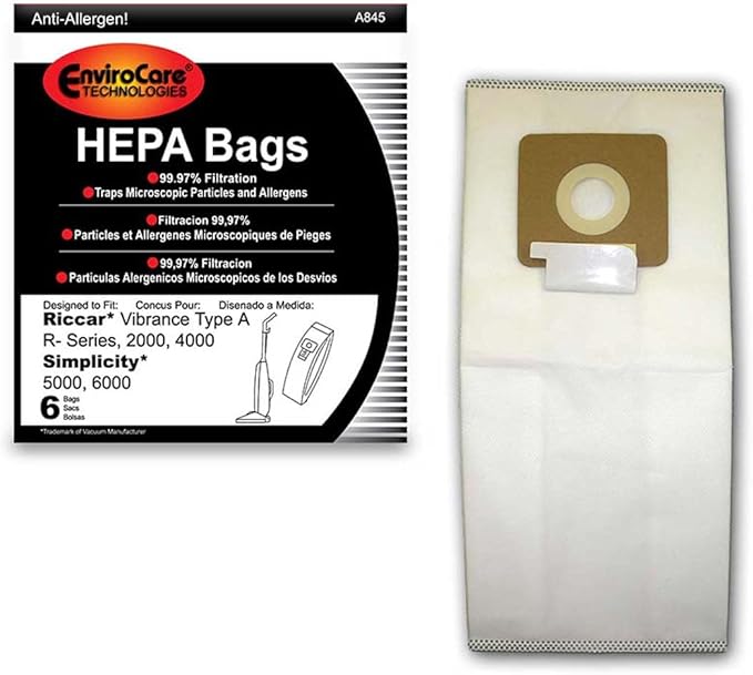 EnviroCare Replacement HEPA Filtration Vacuum Cleaner Dust Bags made to fit Riccar Vibrance Type A R-Series, 2000, 4000, Simplicity 5000, 6000 6 Pack