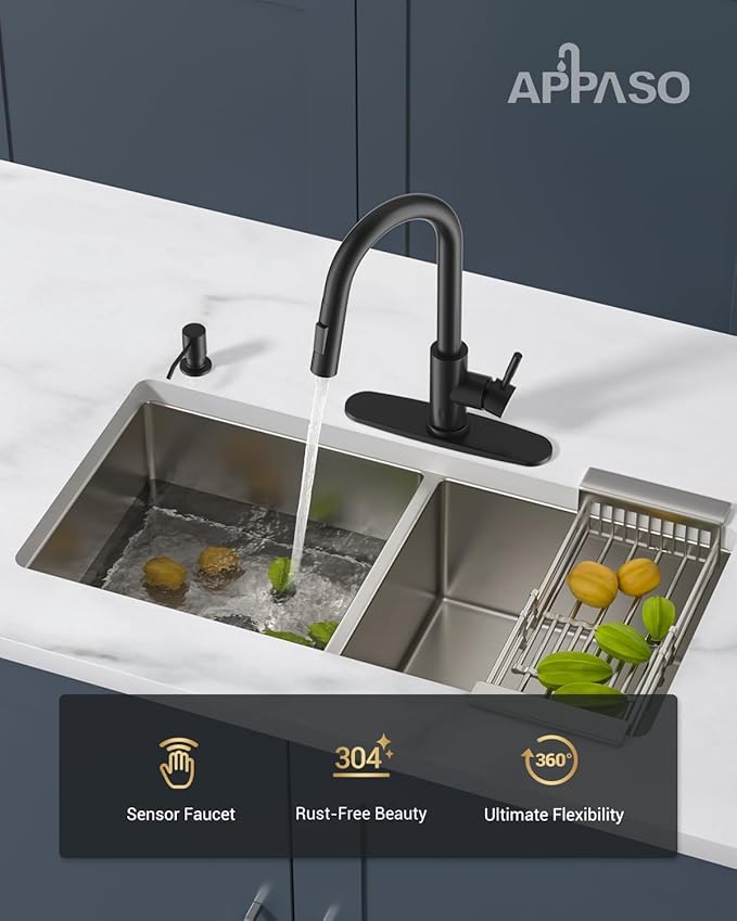 APPASO Black Kitchen Faucet Touchless, Hands-Free Smart Motion Sensor Sink Faucets with Soap Dispenser and Pull Down Sprayer 2 Modes, High Arc S304 Stainless Steel for Kitchen Sink