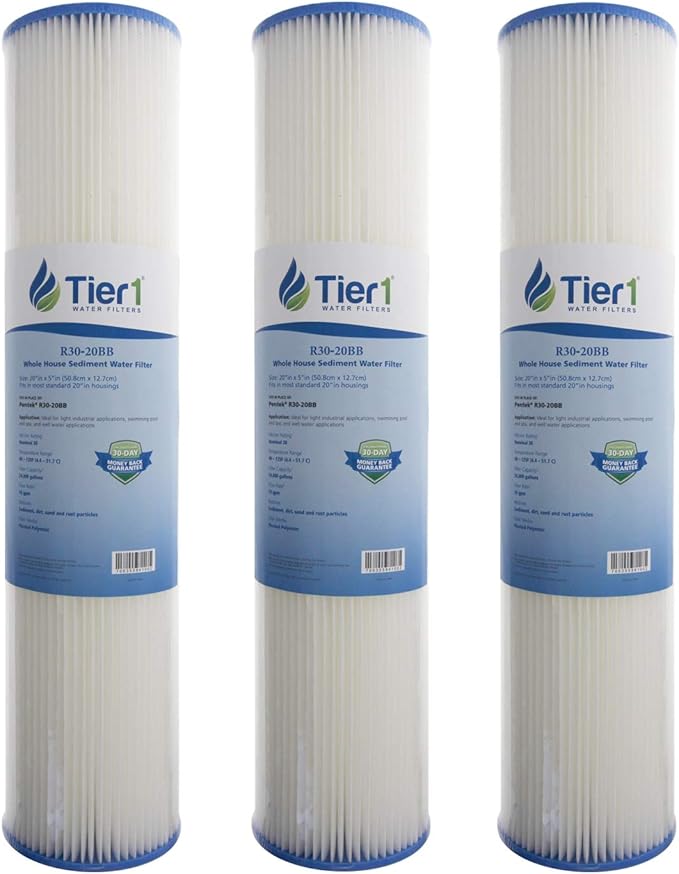 Tier1 30 Micron 20x4.5 Water Filter | Whole House Sediment Water Filter | Pleated Polyester Cartridge | Replacement for Pentek R30-20BB, 155430-43, SPC-45-2030 | High-Flow 4.5 x 20 Water Filter (3pk)