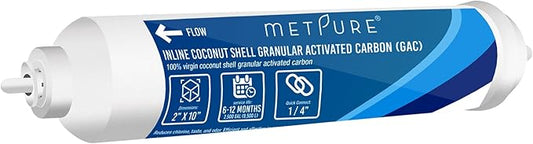 Metpure In line Water Filter 2" x 10" Coconut Shell Post Activated Carbon Water Filter Replacement with 1/4" OD Quick Connects for Inline Reverse Osmosis RO Water Filtration, Refrigerator, Ice Maker