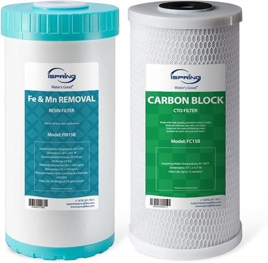iSpring F2WGB21BM Whole House 4.5"x10" Water Filtration CTO Carbon Block and Iron and Manganese Reducing Water Filter Replacement Cartridge Pack Set