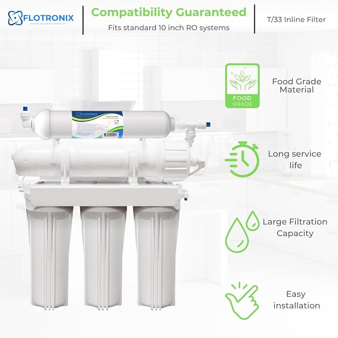 Flotronix 10" x 2" Inline Carbon Water Filter – 1/4" Female Threaded In/Out – Post RO Filter for Ice Maker, Refrigerator, Under-Sink – Removes Chlorine, Taste & Odor – 2 Pack