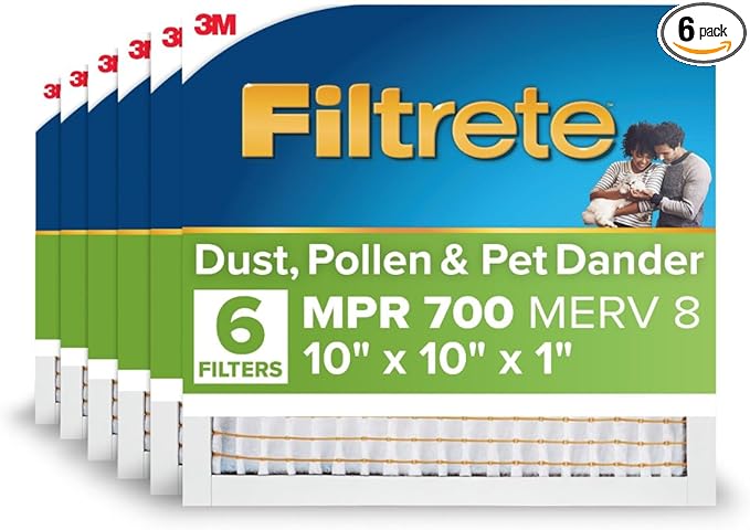 Filtrete 10x10x1 AC Furnace Air Filter, MPR 700, MERV 8, Tough on Pollen, Easy on Airflow, 3-Month Pleated 1-Inch Electrostatic Air Cleaning Filter, 6-Pack (Actual Size 9.81 x 9.81 x 0.81 in)