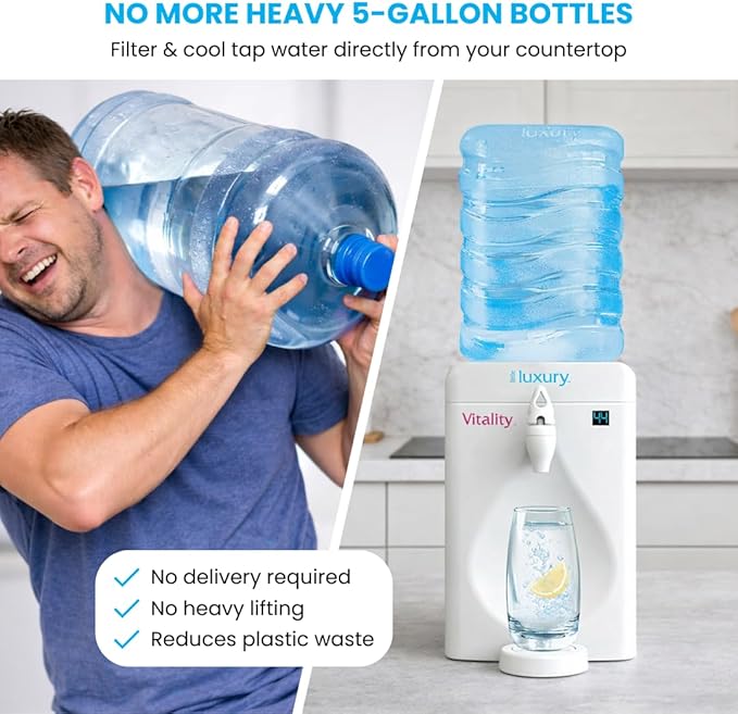 Little Luxury Vitality Mini Water Cooler with Filter, Countertop, Fill At Your Tap, Refillable, BPA-Free 1.8-Gallon Bottle, Filter and Cools Tap Water