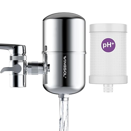 WINGSOL Stainless Steel Mineral Alkaline Water Filter for Sink Faucet, NSF/ANSI 42&53, 360° Rotating Tap Purifier Improve pH+ & Taste, Reduce Chlorine, Odor, Sediment, 250 Gallons, Reinforced Housing