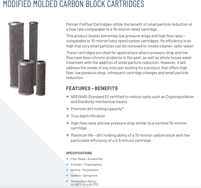 Pentek FloPlus Protect 20BB Big Blue Carbon Water Filter, NSF Certified to Reduce PFAS, 20-Inch, Whole House Carbon Fibredyne Replacement Cartridge, 20" x 4.5", 1 Micron