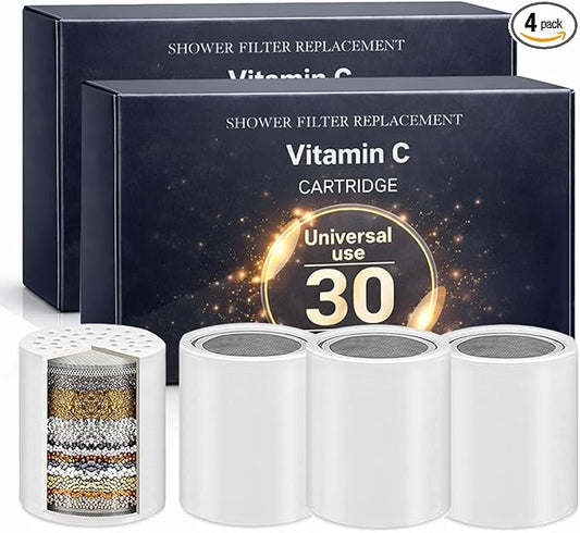 Bath Beyond 30-Stage Shower Filter Replacement Cartridge (Pack of 4) Shower Filter w/Vitamin C for Hard Water - Shower Water Filter Removes Chlorine Fluoride/Improves Condition of Your Skin, Hair