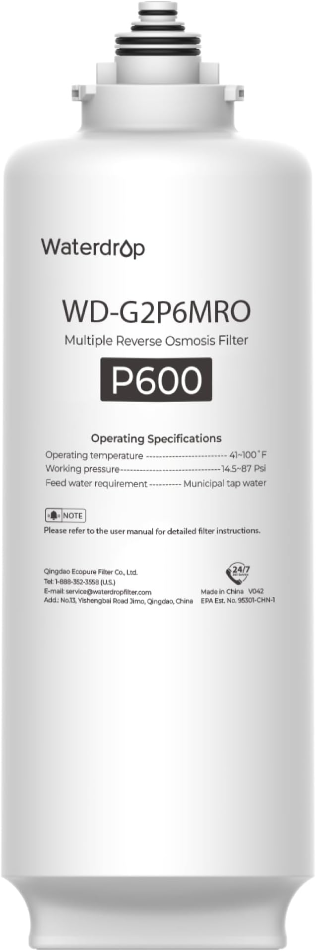 Waterdrop G2P6MRO Filter, Replacement for G2P600 Reverse Osmosis System, 2-year Lifetime, Reduce PFAS