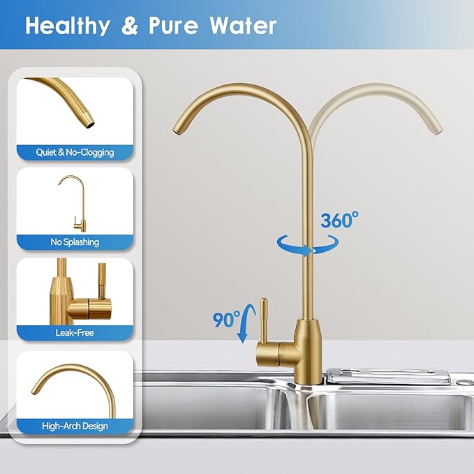 Drinking Water Faucet, Lead-Free Kitchen Water Filter Faucet for Reverse Osmosis or Water Filtration System, RO Faucet, Brushed Nickel (Golden)