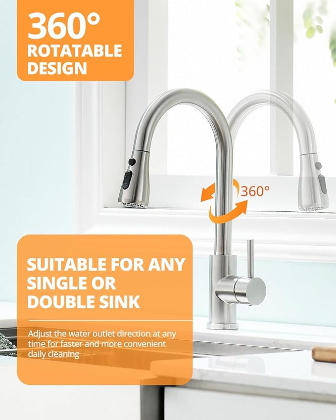 Kicimpro Kitchen Faucet with Pull Down Sprayer, Zero Leakage 3 Hole Brushed Nickel RV Kitchen Sink Faucet with Water Line, NSF Certified Lead-Free 304 Stainless Steel Touchless Kitchen Sink Faucets