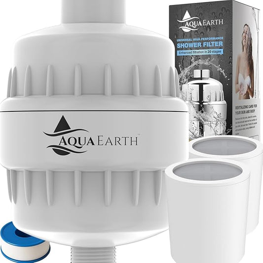 Shower Head Filter For Hard Water 20 Stages to Remove Chlorine Fluoride Water Softener Coconut Shell Activated Carbon Reduces Dry Itchy Skin Heavy Metals Other Sediments Vitamin C Aqua Earth