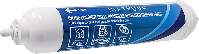 Metpure Inline GAC Water Filter 2" x 10" x 3/8" OD. Coconut Shell Granular Activated Carbon for RO Reverse Osmosis Water Filtration System, Refrigerator, Ice Maker. 3/8" Quick Connect.
