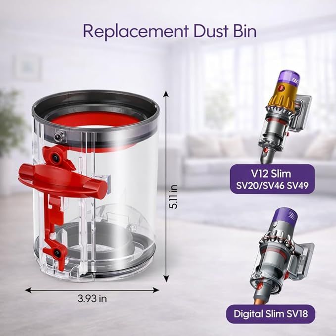 Dust Bin Replacement for Dyson V12 Detect Slim & V10 Digital Slim SV18 SV20 SV30 SV46 SV49, Vacuum Canister Bin Part 965272-01, with HEPA Filter