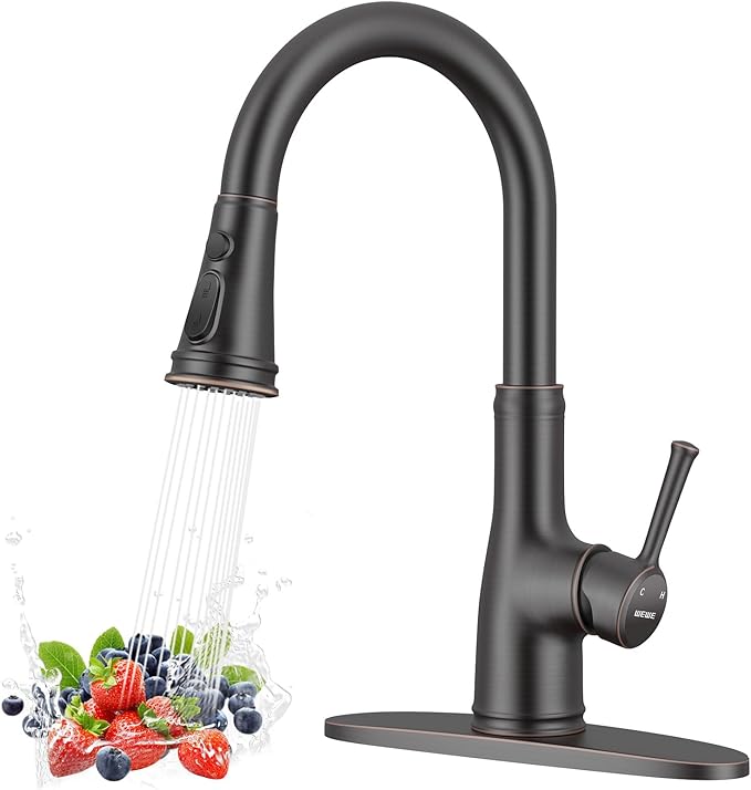 WEWE Vintage Kitchen Faucet with Pull Down Sprayer, Stainless Steel 1 or 3 Hole High Arc Single Handle Antique Sink Faucet for Classic Modern Ktichen, Oil Rubbed Bronze Bar & Prep Sinks