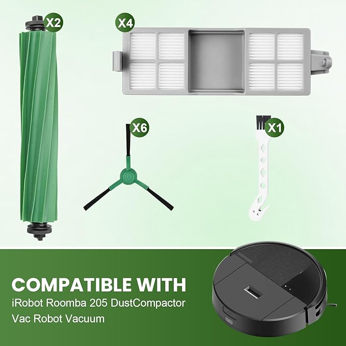 13 Pcs Replacement Parts Compatible with iRobot Roomba 205 DustCompactor Vac Robot Vacuum, Accessories Kit include 2 Main Brushes, 4 Filters, 6 Side Brushes, 1 Cleaning Tool