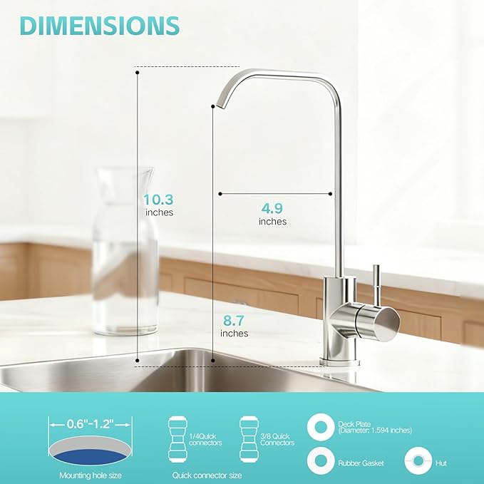 Drinking Water Faucet, Lead-Free Kitchen Water Filter Faucet for Reverse Osmosis or Water Filtration System, RO Faucet, Brushed Nickel (Silver)