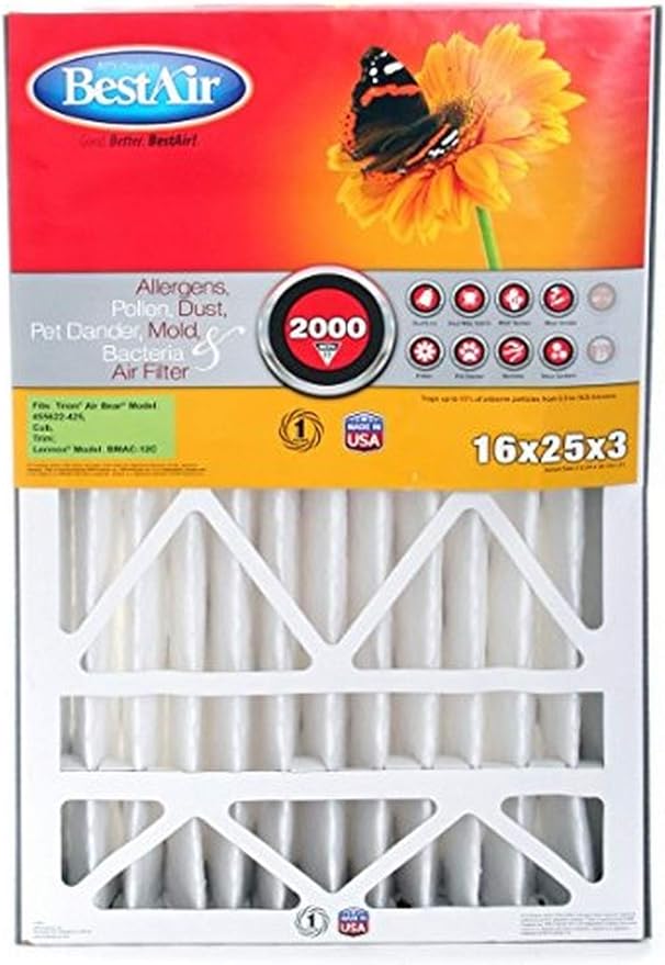 BestAir AB3-1625-11R AC Furnace Air Filter, 16" x 25" x 3", MERV 11, Fits 100%, For Trion Air Bear, Supreme, Skuttle, GeneralAire, Source1 & Ultravation Models, Pack of 1