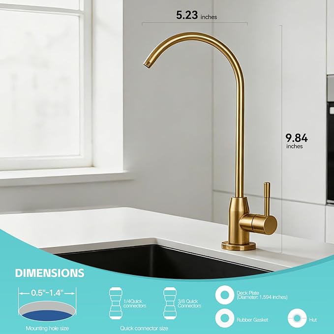 Drinking Water Faucet, Lead-Free Kitchen Water Filter Faucet for Reverse Osmosis or Water Filtration System, RO Faucet, Brushed Nickel (Golden)