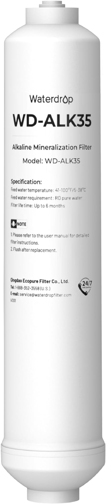 Waterdrop ALK35 𝐀𝐥𝐤𝐚𝐥𝐢𝐧𝐞 Water Filter, Alkaline Filter for Reverse Osmosis System, pH Balance and Restore Minerals for RO Filter, Under Sink Water Filter, 1/4" Quick Connect