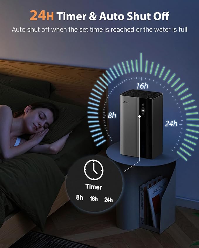 95oz Dehumidifiers for Home, 1000 Sq.Ft Dehumidifier with Drain Hose - Auto Shut Off, Timer, Sleep Mode & Drain Hose - 7 Color Light for Bedroom, Bathroom, RV - Grey