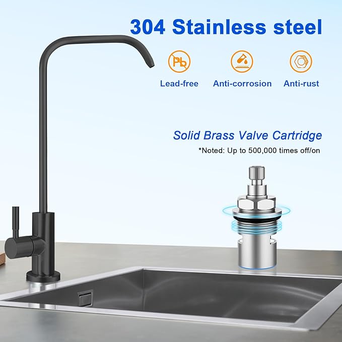 Drinking Water Faucet - Long Thread Stem Filtered Water Tap for Thick Countertop,Lead-Free RO Faucet with Hose and Push Connect Fittings(Matte Black - "7" Shape)