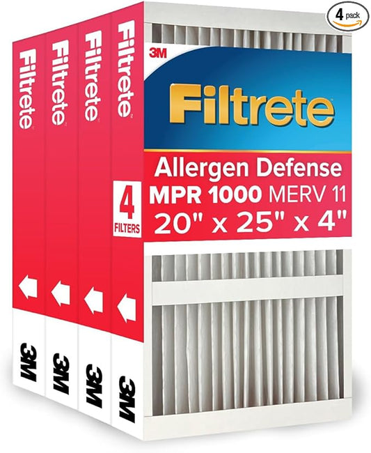 Filtrete 20x25x4 Air Filter MERV 11, MPR 1000 Micro Allergen Defense 4-Pack, Fits Honeywell & AprilAire, AC Furnace HVAC Filters for Home, Pleated Electrostatic (Actual Size 19.88 x 24.63 x 4.31 in)