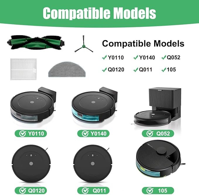 Replacement Parts Accessories Compatible with iRobot Roomba Essential Combo Y0140 Y0110 Q0120 Q0520 Q011 105 Vacuum Cleaner, 1 Roller Brush, 4 Hepa Filters, 4 Side Brushes,4 Mop Pad, 1 Cleaning Brush