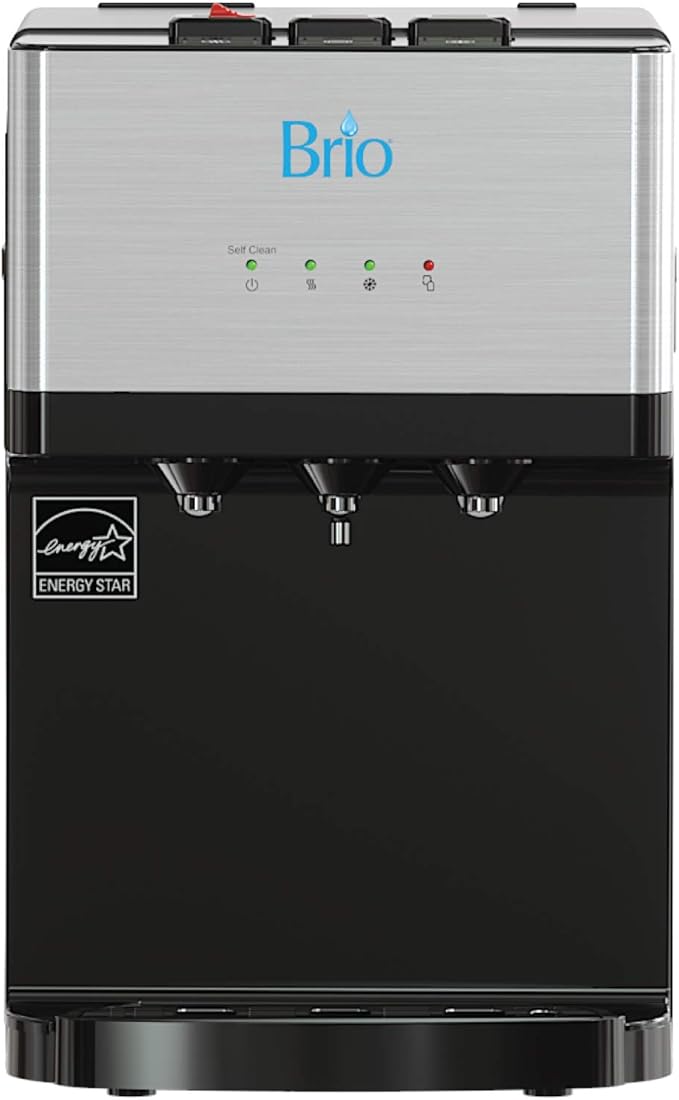 Brio Countertop Self Cleaning Bottleless Water Cooler Dispenser with Filtration - Hot Cold and Room Temperature Water. Free Extra Replacement Filters Included - UL/Energy Star Approved